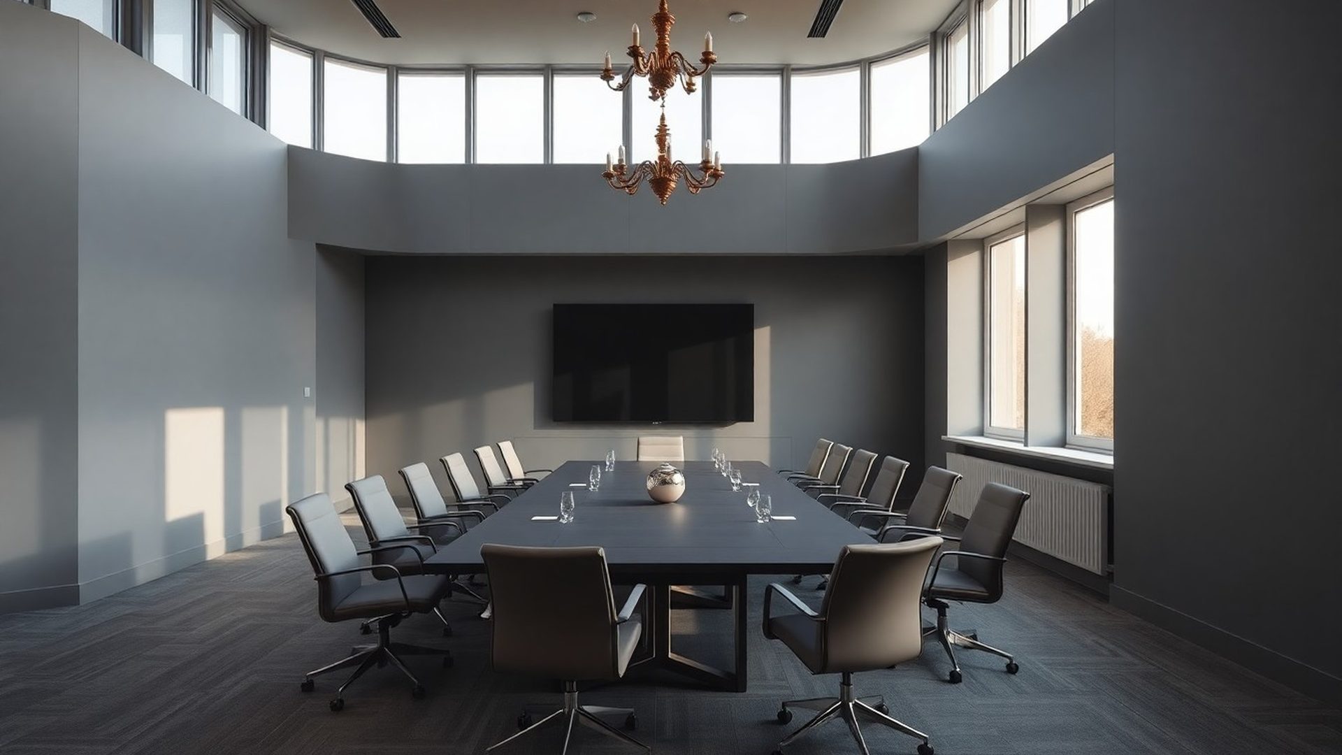 Slate-toned executive meeting room with floor-to-ceiling windows in Banská Bystrica