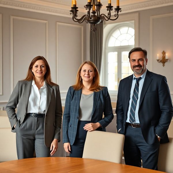 Three professionals in a bright slate-toned conference room in central Europe