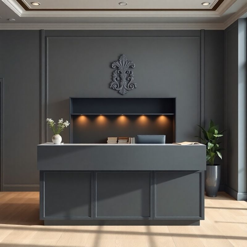 Minimal reception desk in a professional advisory office with warm central-European light