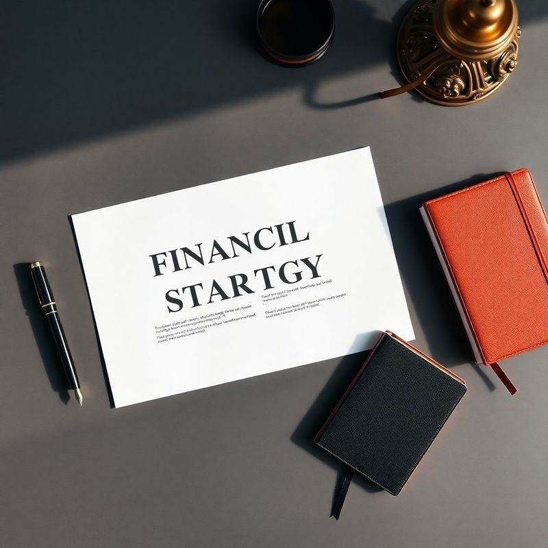 Overhead flat-lay of a slate-grey desk with a financial strategy document, fountain pen, and leather notebook